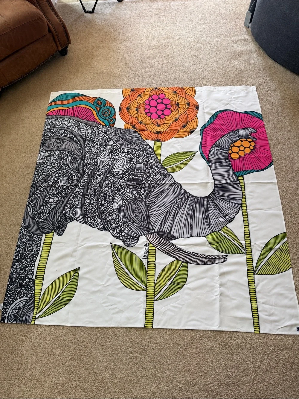 Boho Elephant Floral Shower Curtain - Cream with Pink, Orange & Green DENY